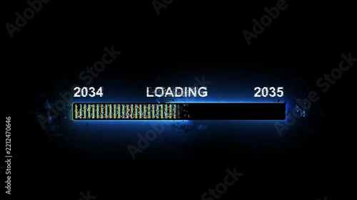 Neon blue digital 2034 to 2035 new year loading bar with glitch effect and progress indicator for futuristic technology interfaces.4k motion video graphics
