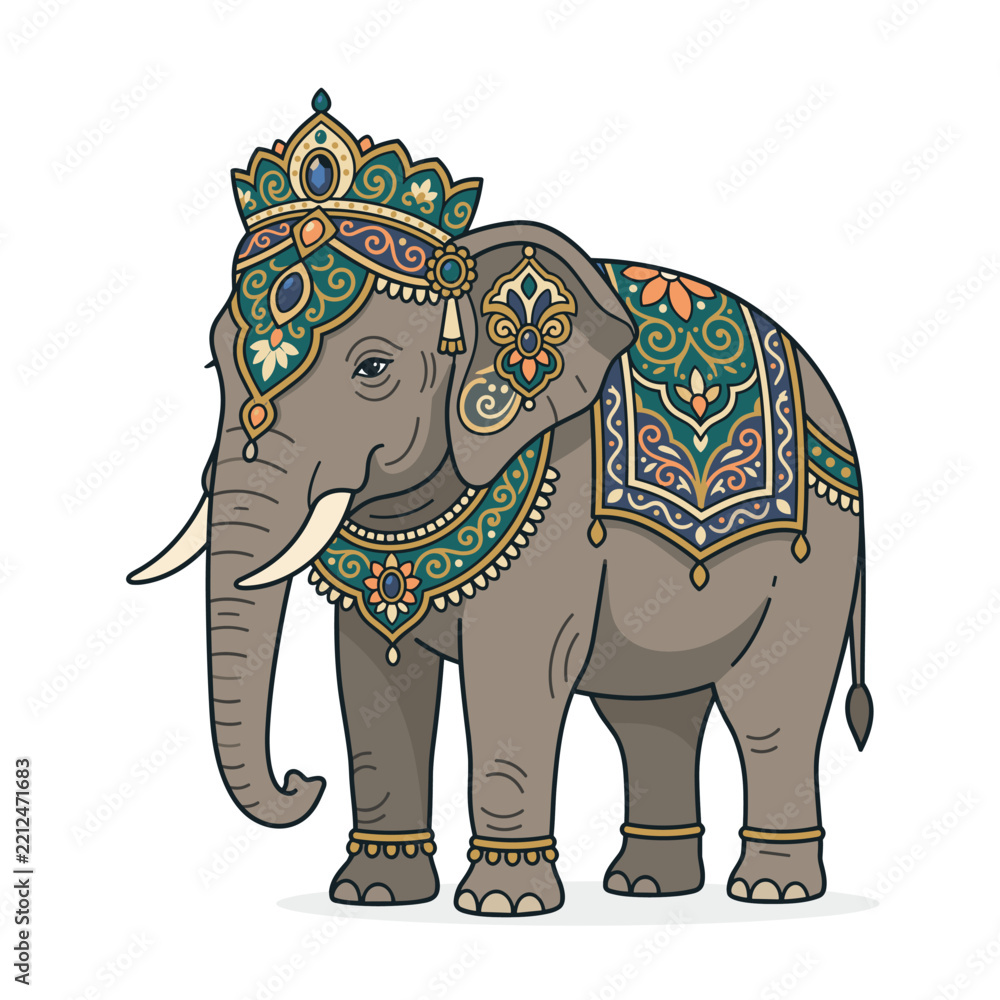 Obraz premium Majestic decorated elephant with ornate crown and traditional ethnic patterns