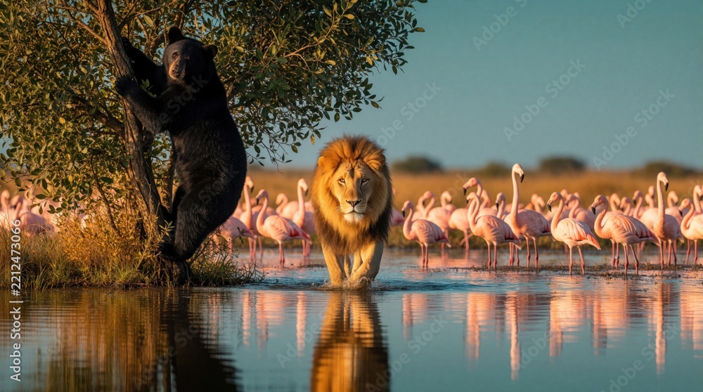 Obraz premium Black bear climbs tree near lake at sunset. Male lion walks through water towards camera. Large flock of pink flamingos stands in shallow lagoon. Wild animals live together in diverse natural habitat
