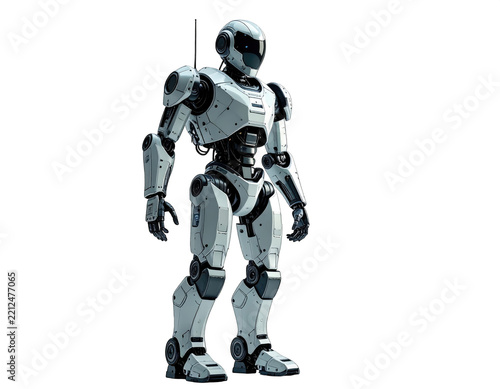a high quality stock photograph of a single ai robot full body isolated on a white background