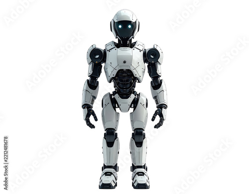 a high quality stock photograph of a single ai robot full body isolated on a white background