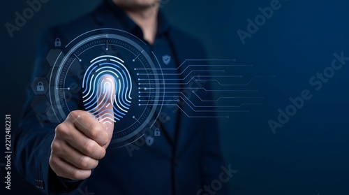 Man s finger touching a futuristic digital fingerprint scanner interface biometric security authentication identity verification and data protection concept