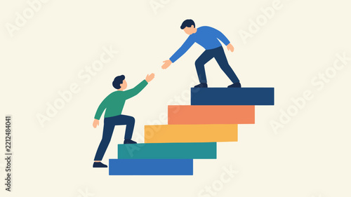 Support and mentorship concept with one person helping another to climb stairs of career success