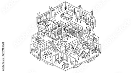 Isometric line art of a modern multi-level corporate office building with a data center and workspace