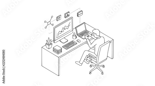 Isometric line art illustration of a professional analyzing data charts at a modern computer desk