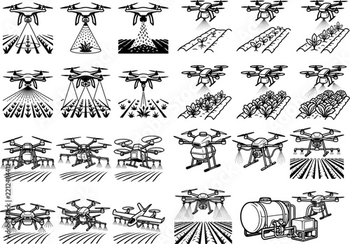Agricultural drone spraying crops smart farming icon set