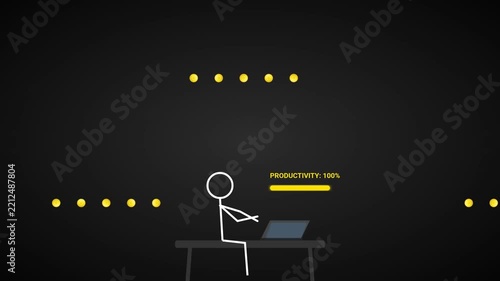Storyboard Sequence of a Digital Stick Figure Character Working on a Laptop with Glowing Floating Data Points