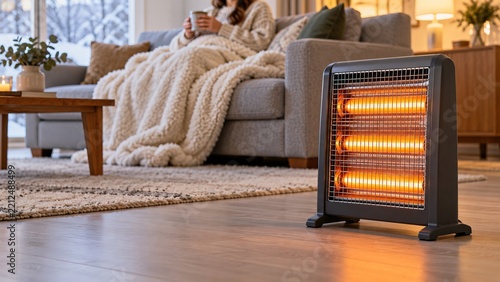 Portable electric space heater warming a cozy living room while a person relaxes on the sofa, representing winter comfort, home heating, indoor warmth and cold weather living.