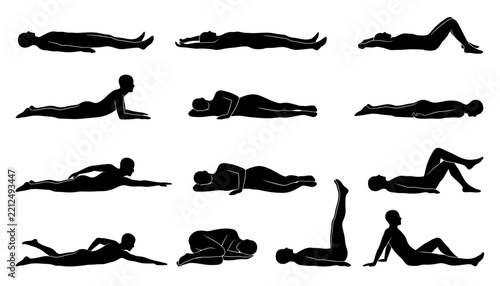 Woman lying and performing yoga poses silhouette set vector illustration isolated transparent background
