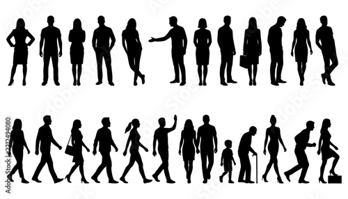 Diverse crowd of people standing in row silhouette vector illustration isolated transparent background