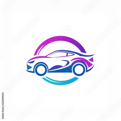 Automotive Logo Template with Stylized Sports Car and Colorful Gradient Circular Frame for Detailing and Wash Service