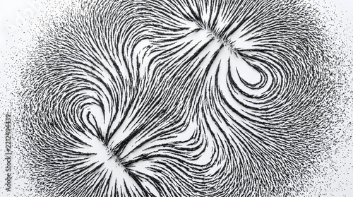 Magnetic dipole field lines visualized using fine black iron filings powder aligned along magnetic force field between two poles on white surface for physics science educational display