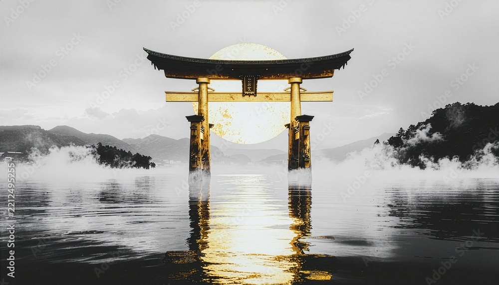 Fototapeta premium 霧の水面に立つ金彩の鳥居を描いた静謐な和風背景