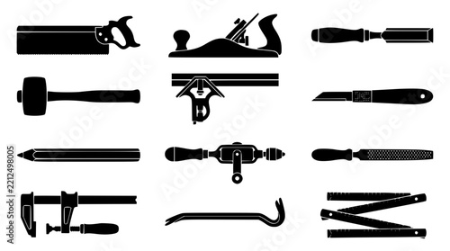 Carpentry, Construction, and Woodworking Tools Glyph Icon Set Vector Illustration