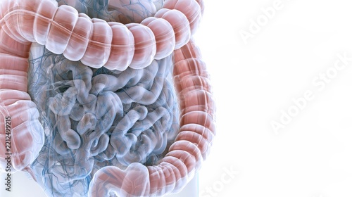 Detailed 3D medical illustration of the human large and small intestine anatomy on white background