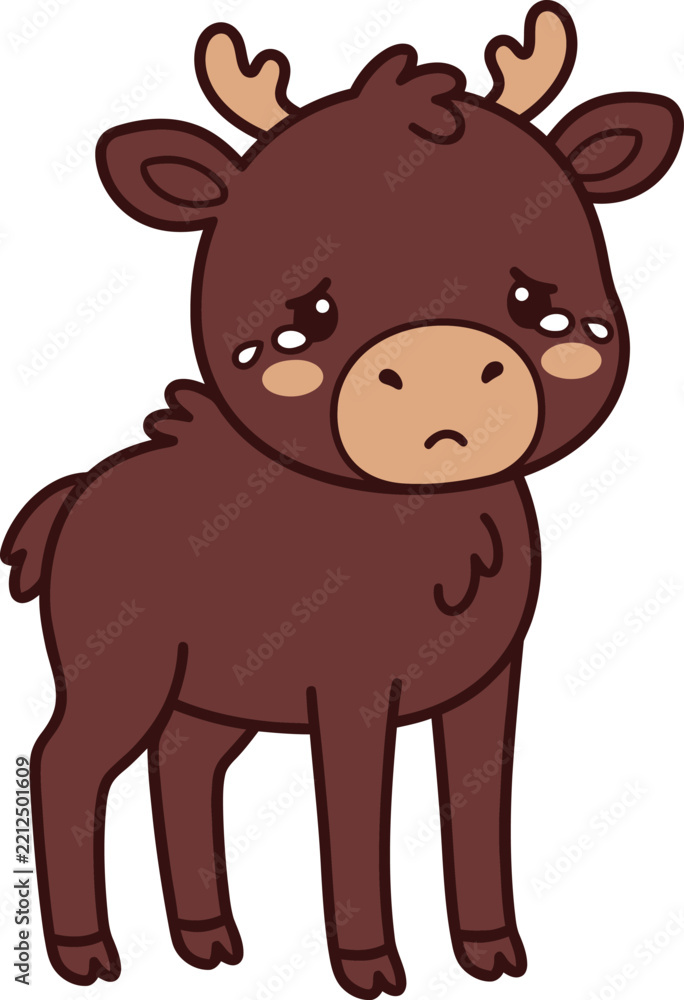 Fototapeta premium Adorable sad baby moose character standing and crying with small antlers isolated on a white background, cartoon for kids
