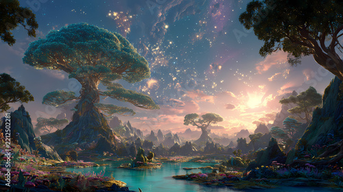 Fantasy landscape featuring giant alien trees and a serene river beneath a glowing cosmic nebula sky.