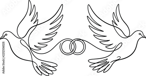 Two flying dove birds holding interconnected wedding rings symbolizing love romance marriage commitment and peace concept vector