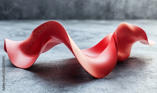 3D render of an abstract red ribbon shape on a grey background, close-up, low-angle shot, simple shapes, Generative AI