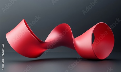 Red ribbon, 3D rendering style, abstract shapes, 3D shape, curved composition, low-angle shot, dark gray background, Generative AI