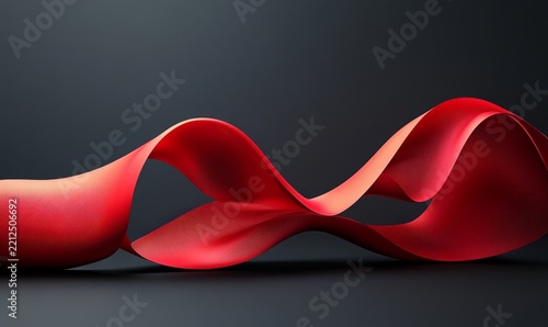 Red ribbon, 3D rendering style, abstract shapes, 3D shape, curved composition, low-angle shot, dark gray background, Generative AI