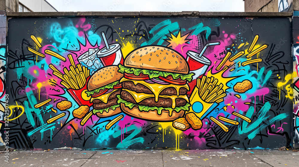 Fototapeta premium Colorful burger graffiti mural with vibrant street art on urban wall featuring fast food illustration and bold creative spray paint artwork background generative ai