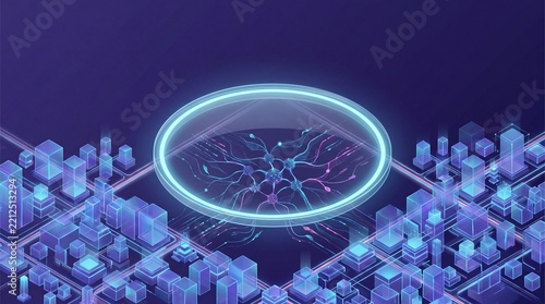 Futuristic isometric smart city with neural network core, glowing digital technology background, artificial intelligence network concept