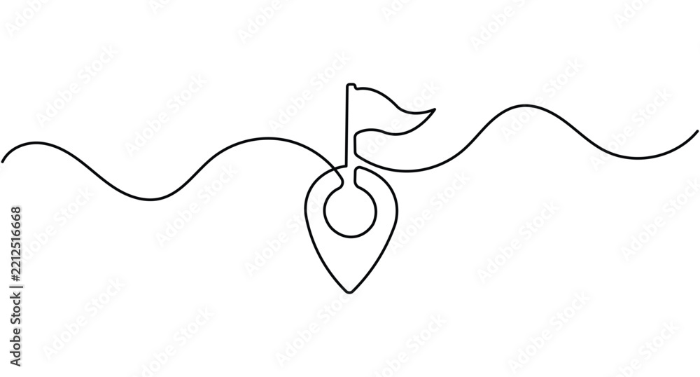 Obraz premium Flag location pin line art minimal goal map icon with continuous line and editable stroke