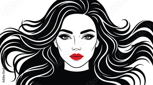 Glamour woman face illustration with long flowing wavy black hair and red lips, fashion beauty salon vector portrait logo design