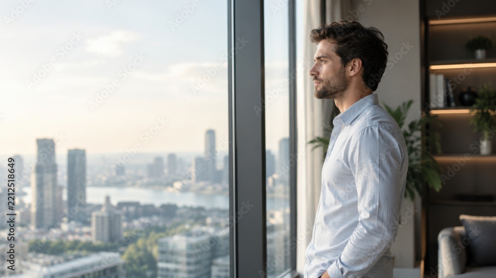 Fototapeta premium Male professional in light blue shirt stands by large window overlooking city skyline with modern buildings and river in the background during daytime