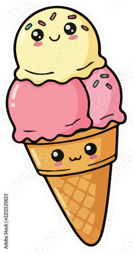 Cute Three Scoop Ice Cream Cone Cartoon Illustration