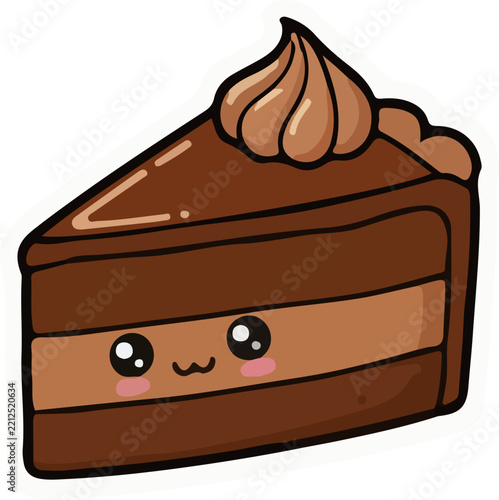 Cute Chocolate Cake Slice with Cream Cartoon Illustration