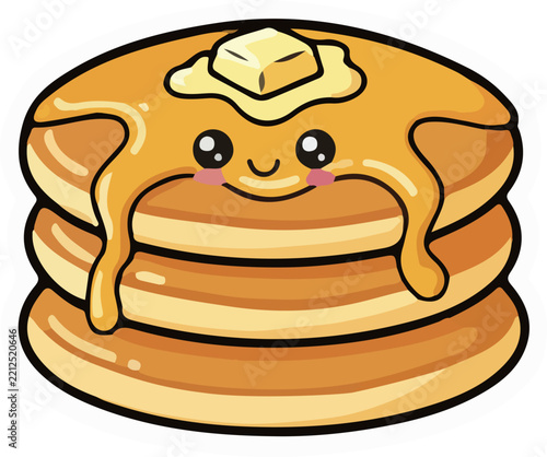 Cute Pancake Stack with Butter and Syrup Cartoon Illustration
