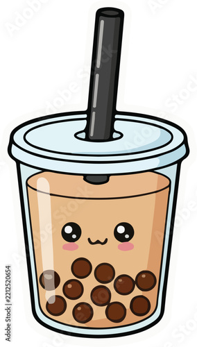 Cute Brown Bubble Tea with Tapioca Pearls Cartoon Illustration