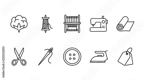 Minimalist sewing and textile line icons set, 10 black outline tailoring symbols, professional dressmaking and needlework equipment collection