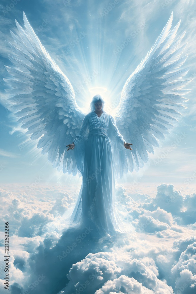 Fototapeta premium Angelic figure with wings standing in clouds