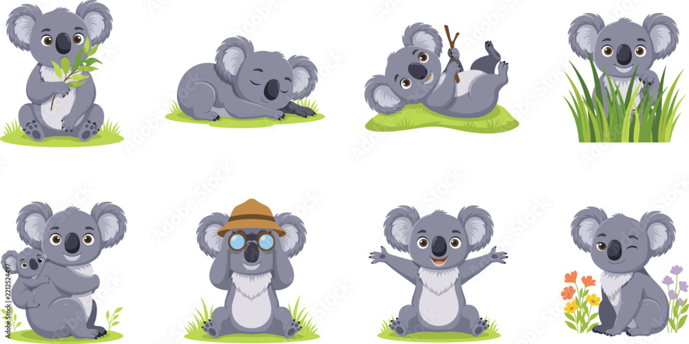 Fototapeta premium Cute Koala Bear Character Set with Sweet Australian Animal Mascot in Various Poses for Nursery Decor, Kids Apparel, and Educational Vector Designs