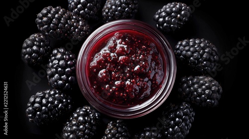A detailed overhead shot focusing on the seeds and texture of rich berry jam in an open jar among dark summer fruits. Concept of abstract food patterns and sensory background.