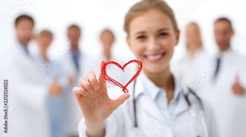 Close-up of a smiling doctor showing a heart with colleagues blurred behind. Concept of organ donation, medical charity, and volunteer support.