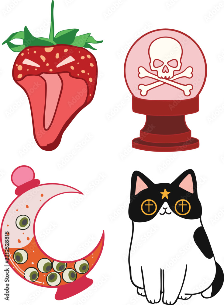 Fototapeta premium Spooky Kawaii Magic Elements Vector Set: Mystic Cat, Eyeball Potion, Skull Crystal Ball, and Monster Strawberry