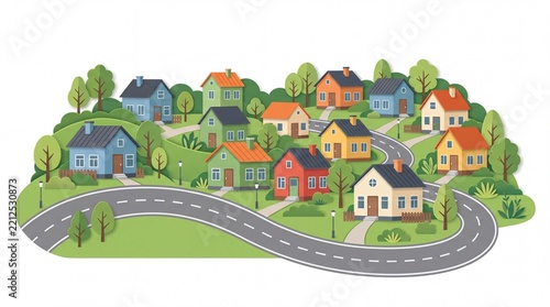 Colorful suburban neighborhood town city clipart with winding road