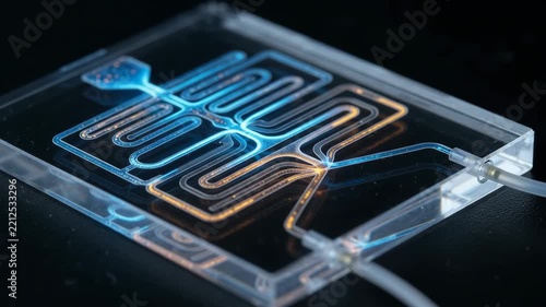 Electronic Microfluidic Chip Featuring Rare Earth and Copper Components, Glowing Circuit, Transparent Tubing, Intricate Channels, Futuristic Science