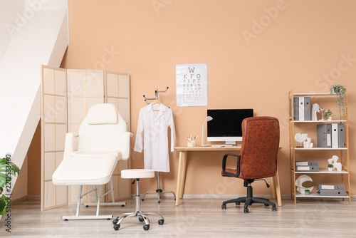 Ophthalmology clinic interior eye care and vision testing with medical equipm...