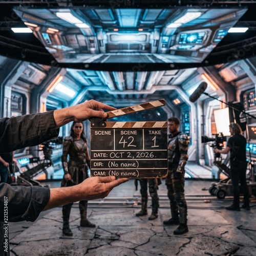 Movie Clapperboard in Focus with LED Volume in Background