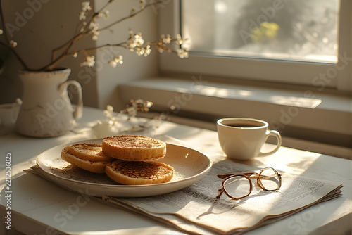 Cozy morning breakfast with toasted English muffins, a cup of coffee, and glasses on a table by the window