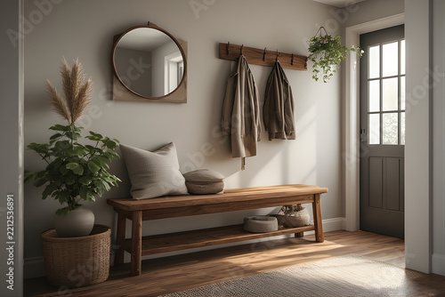 Cozy entryway interior design featuring a wooden bench, round mirror, coat hanger with jackets, and house plants near the front door.