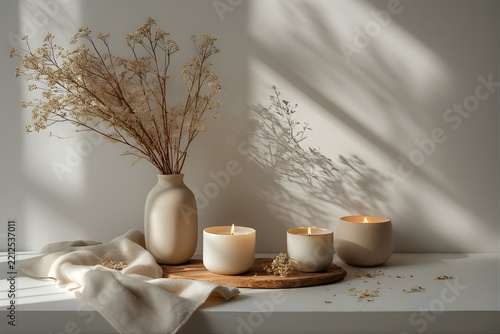 Aesthetic still life with burning scented candles, ceramic vase, and dried flowers in soft natural light