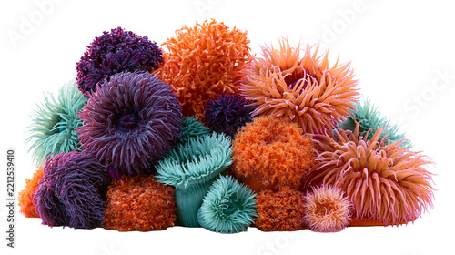 Fotografie Vibrant cluster of colorful sea anemones with tentacles and textured surfaces