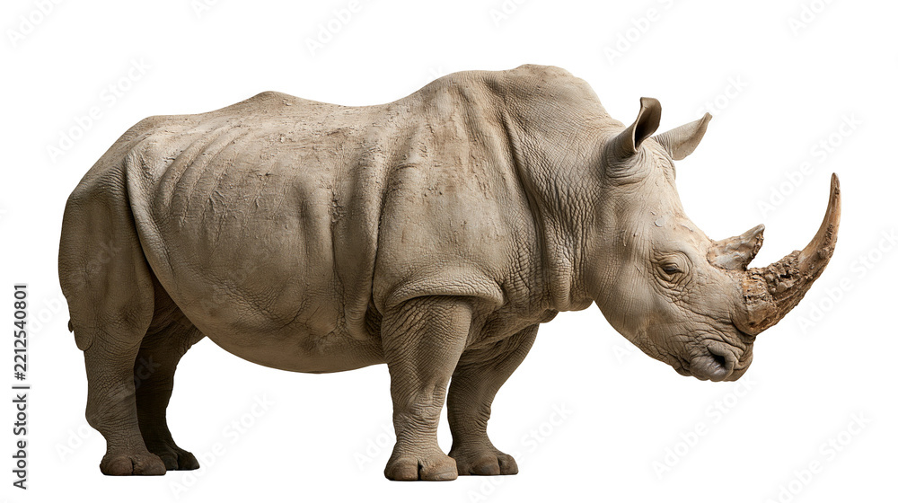 Fototapeta premium Large adult white rhinoceros standing in profile with textured grey skin