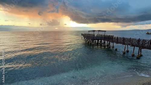 Rustic Wooden Jetty by the Sea in Corfu at Golden Sunrise